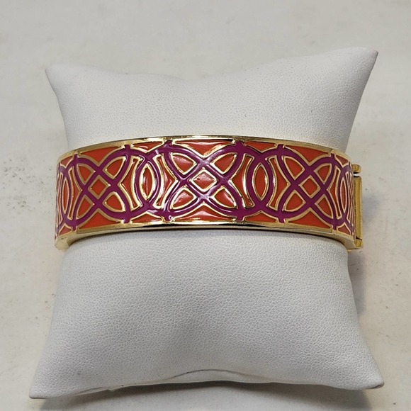 Stella and Dot Eleanor Celtic Knot Clamper Bangle Bracelet Orange Pink Enamel - Picture 1 of 7